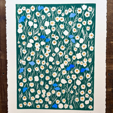 Hand Block Printed Meadow with Watercolors - No. 5714