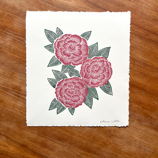 Hand Block Printed Peony Art Print - No. 5717