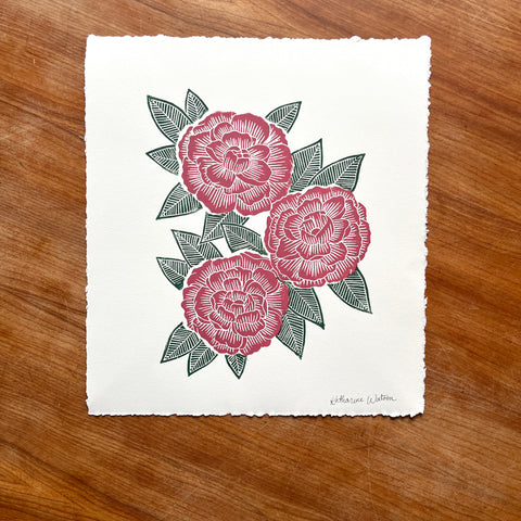 Hand Block Printed Peony Art Print - No. 5717