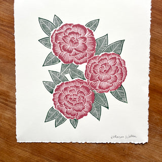 Hand Block Printed Peony Art Print - No. 5717