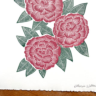 Hand Block Printed Peony Art Print - No. 5717