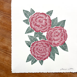 Hand Block Printed Peony Art Print - No. 5717