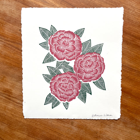Hand Block Printed Peony Art Print - No. 5718