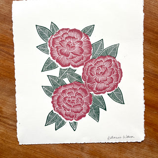 Hand Block Printed Peony Art Print - No. 5718