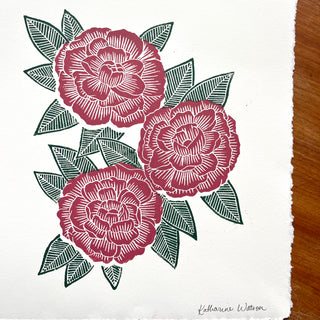 Hand Block Printed Peony Art Print - No. 5718