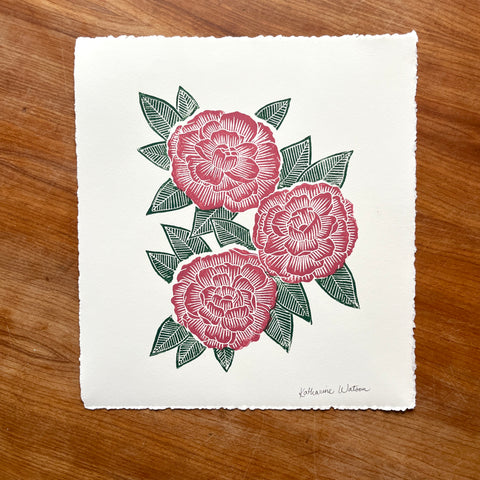 Hand Block Printed Peony Art Print - No. 5719