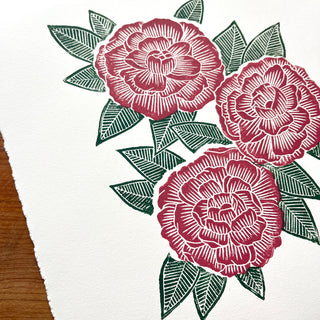 Hand Block Printed Peony Art Print - No. 5719