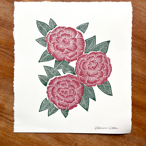 Hand Block Printed Peony Art Print - No. 5720