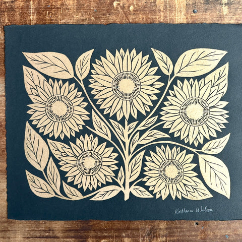 Hand Block Printed Sunflower Art Print - No. 5202