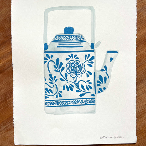 Hand Block Printed Art Print with Watercolors - No. 6030