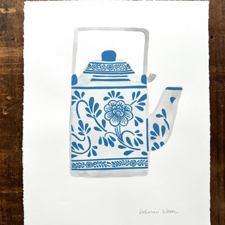 Hand Block Printed Teapot Art Print with Watercolors - No. 5264