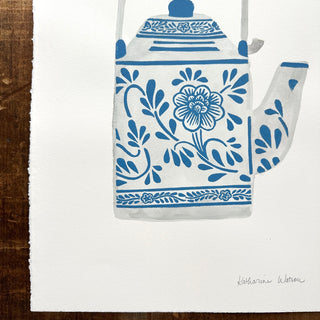 Hand Block Printed Teapot Art Print with Watercolors - No. 5264