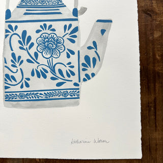 Hand Block Printed Teapot Art Print with Watercolors - No. 5264