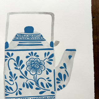 Hand Block Printed Teapot Art Print with Watercolors - No. 5264