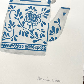 Hand Block Printed Teapot Art Print with Watercolors - No. 5264