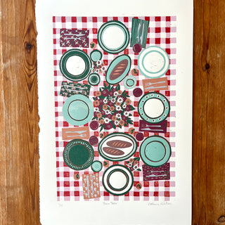 Hand Block Printed "Picnic Table" Reduction Print - Vertical - No. 1