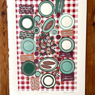 Hand Block Printed "Picnic Table" Reduction Print - Vertical - No. 1