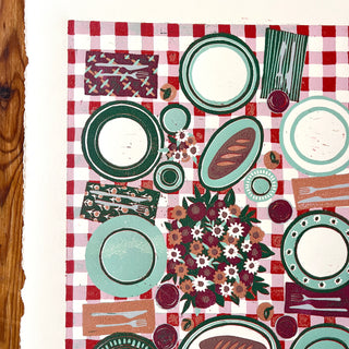 Hand Block Printed "Picnic Table" Reduction Print - Vertical - No. 1