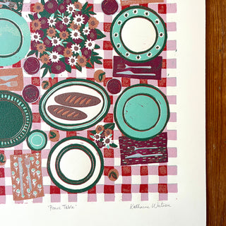 Hand Block Printed "Picnic Table" Reduction Print - Vertical - No. 1