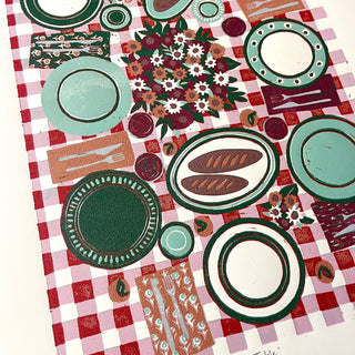 Hand Block Printed "Picnic Table" Reduction Print - Vertical - No. 1