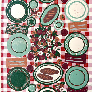 Hand Block Printed "Picnic Table" Reduction Print - Vertical - No. 1