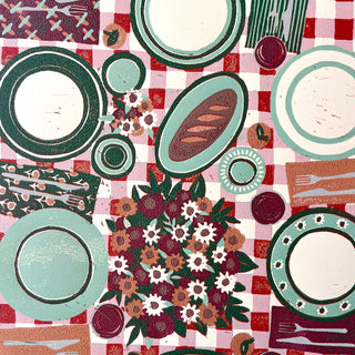 Hand Block Printed "Picnic Table" Reduction Print - Vertical - No. 1