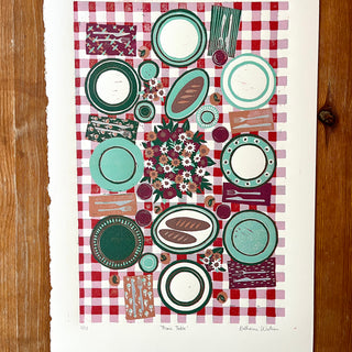 Hand Block Printed "Picnic Table" Reduction Print - Vertical - No. 2