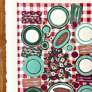 Hand Block Printed "Picnic Table" Reduction Print - Vertical - No. 2
