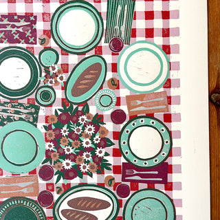 Hand Block Printed "Picnic Table" Reduction Print - Vertical - No. 2