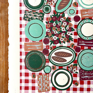 Hand Block Printed "Picnic Table" Reduction Print - Vertical - No. 2