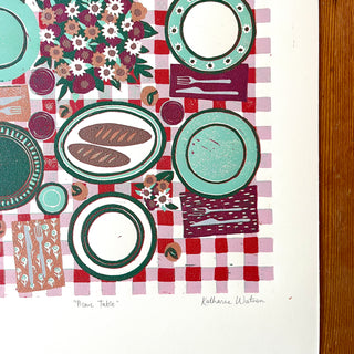 Hand Block Printed "Picnic Table" Reduction Print - Vertical - No. 2