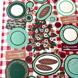Hand Block Printed "Picnic Table" Reduction Print - Vertical - No. 2