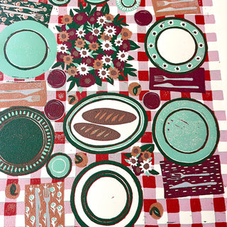 Hand Block Printed "Picnic Table" Reduction Print - Vertical - No. 2