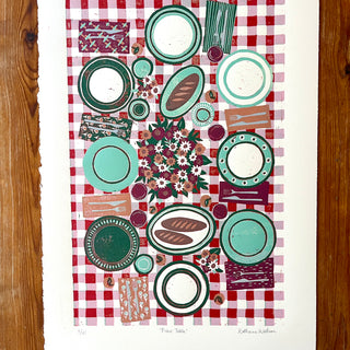 Hand Block Printed "Picnic Table" Reduction Print - Vertical - No. 3
