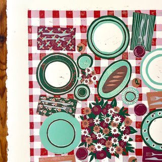 Hand Block Printed "Picnic Table" Reduction Print - Vertical - No. 3