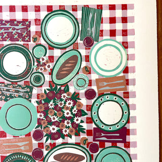 Hand Block Printed "Picnic Table" Reduction Print - Vertical - No. 3