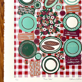 Hand Block Printed "Picnic Table" Reduction Print - Vertical - No. 3