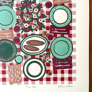 Hand Block Printed "Picnic Table" Reduction Print - Vertical - No. 3