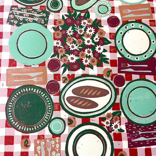 Hand Block Printed "Picnic Table" Reduction Print - Vertical - No. 3