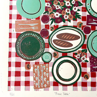 Hand Block Printed "Picnic Table" Reduction Print - Vertical - No. 3