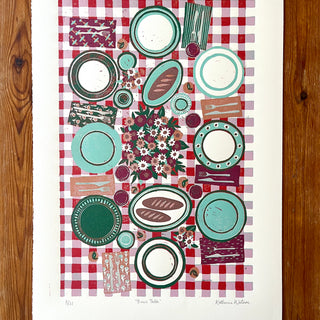 Hand Block Printed "Picnic Table" Reduction Print - Vertical - No. 8