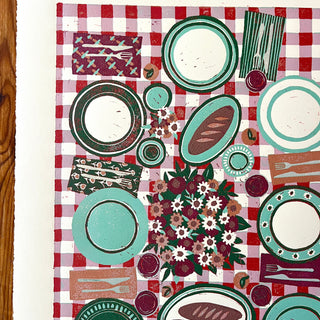 Hand Block Printed "Picnic Table" Reduction Print - Vertical - No. 8