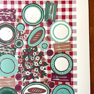 Hand Block Printed "Picnic Table" Reduction Print - Vertical - No. 8