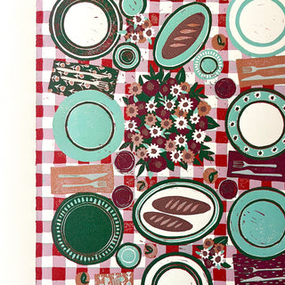 Hand Block Printed "Picnic Table" Reduction Print - Vertical - No. 8