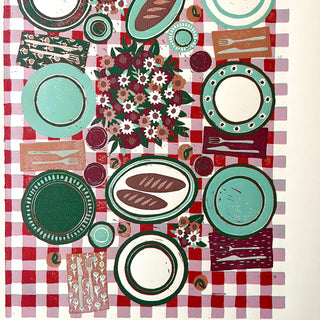 Hand Block Printed "Picnic Table" Reduction Print - Vertical - No. 8
