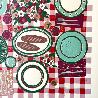Hand Block Printed "Picnic Table" Reduction Print - Vertical - No. 8