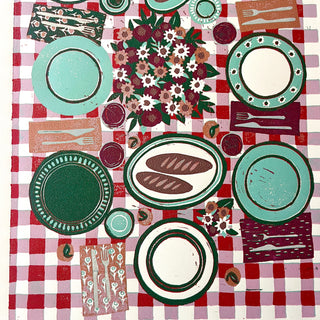 Hand Block Printed "Picnic Table" Reduction Print - Vertical - No. 8
