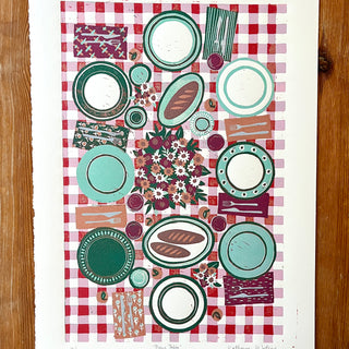 Hand Block Printed "Picnic Table" Reduction Print - Vertical - No. 10