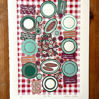 Hand Block Printed "Picnic Table" Reduction Print - Vertical - No. 10