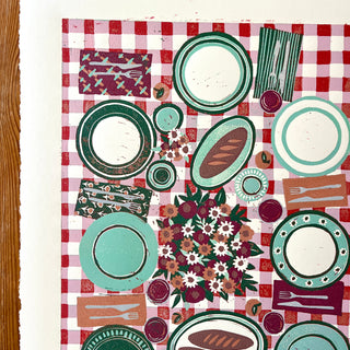 Hand Block Printed "Picnic Table" Reduction Print - Vertical - No. 10